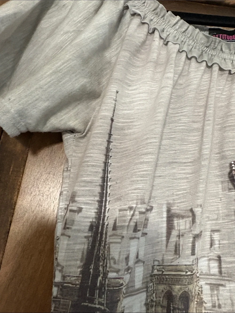 Gray Paris Skyline Off-Shoulder Tunic Top